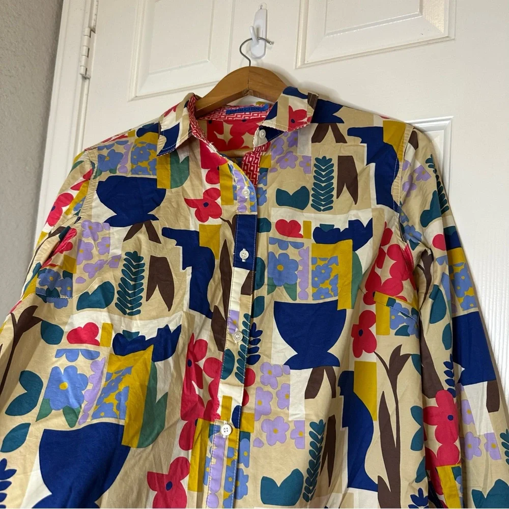 J.Mclaughlin Creme Multicolor Floral Mixed Media Button Down Blouse L Boho Chic - Picture 5 of 12